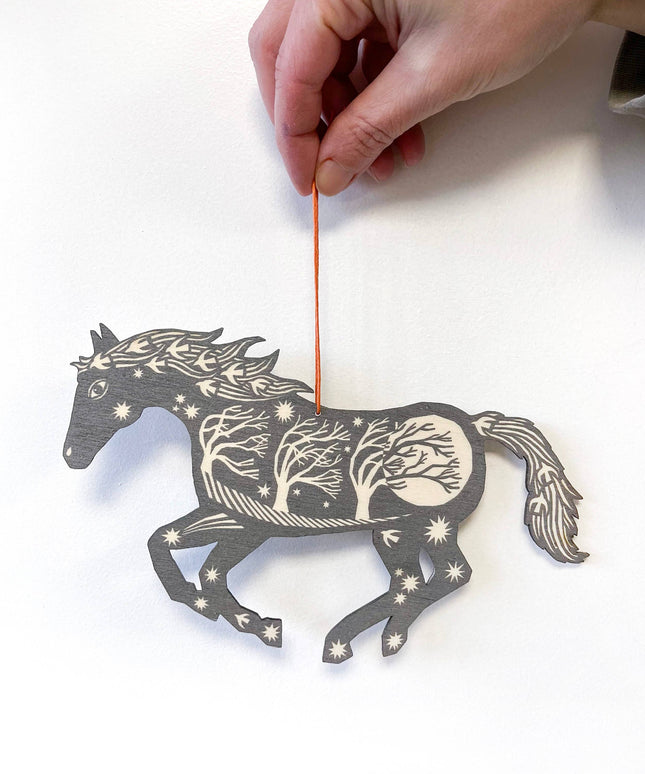 Screenprinted Wooden Decoration - Horse - Grey