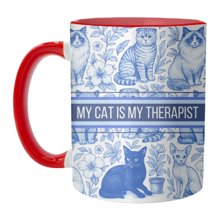 Mugs 'My Cat Is My Therapist toile' Mug Colour Inner & Handle 11oz - Red