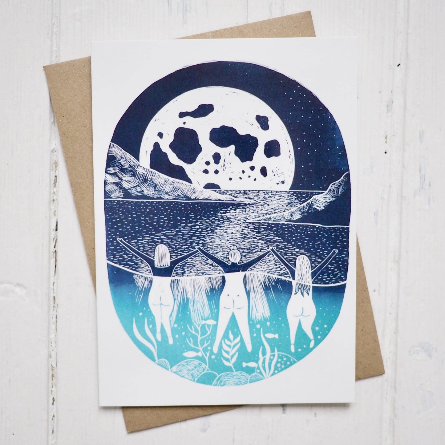 Dipping Under the Full Moon Wild Swimming Greetings Card