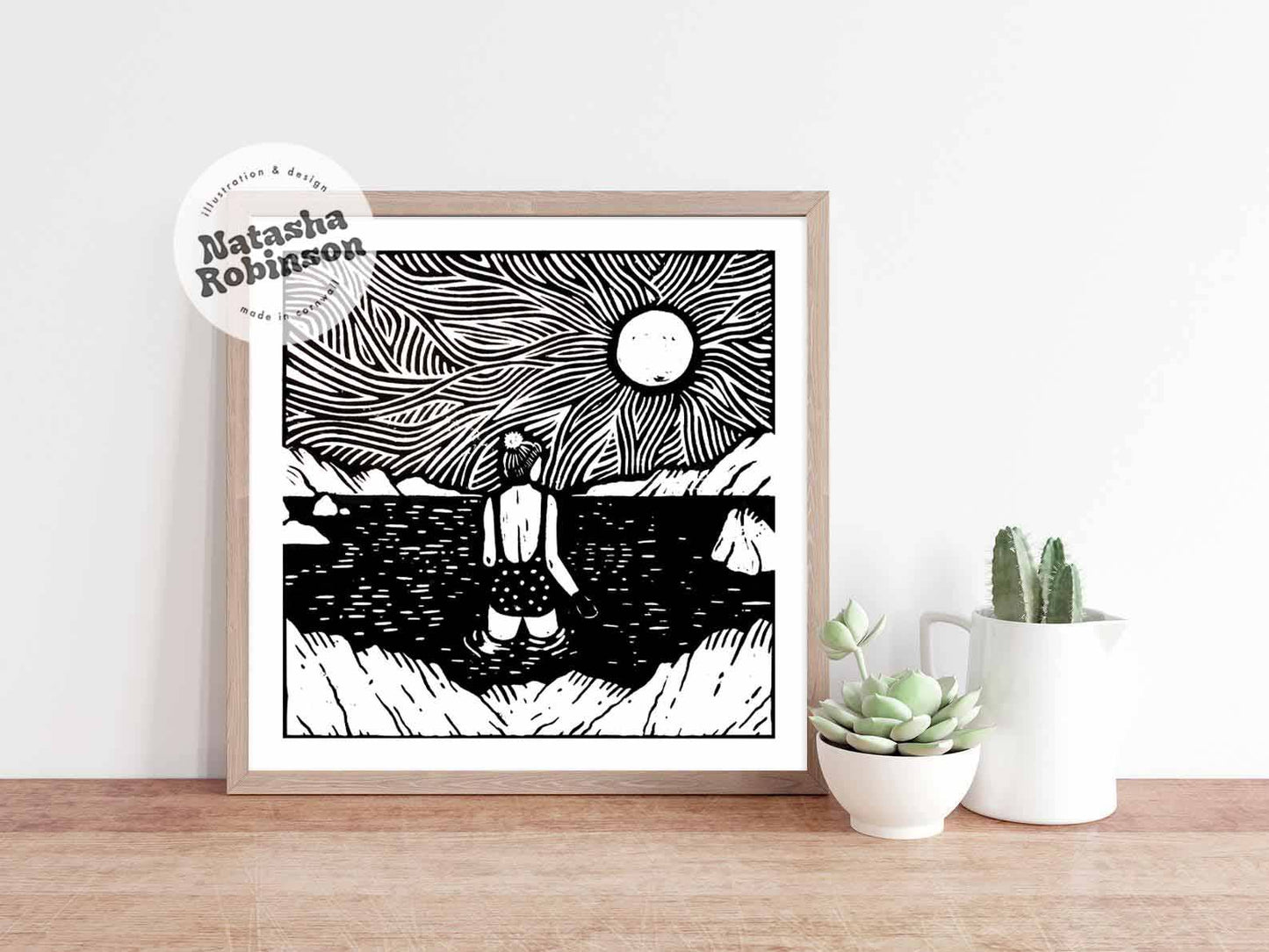 'A Cold Swim' Square Lino Print Wall Art