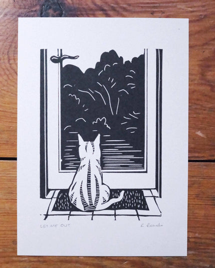 Let Me Out - Risograph A5 print - Cat Door art