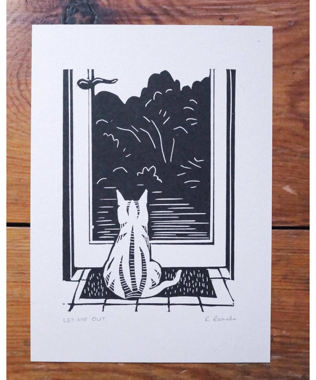Let Me Out - Risograph A5 print - Cat Door art