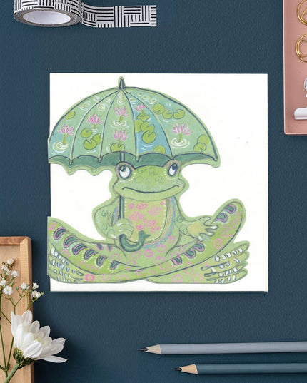 Frog with Umbrella - Die Cut Greetings Card