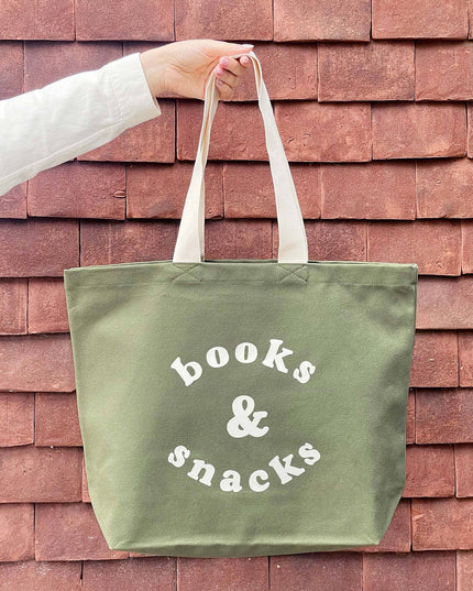 Books & Snacks - Olive Green Canvas Tote Bag