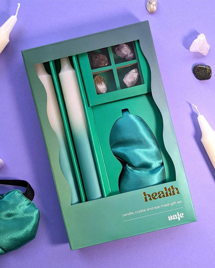 Saje Health Candle, Crystal & Eye Mask Set - Includes Two Candles and Four Crystal Stones