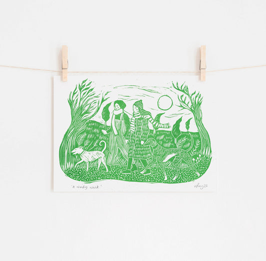 'A Windy Walk' Riso Print *dog art, autumn dog walk scene*