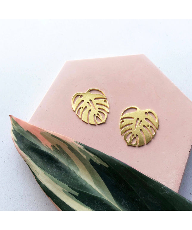 Gold Monstera Leaf Houseplant Stud Earrings