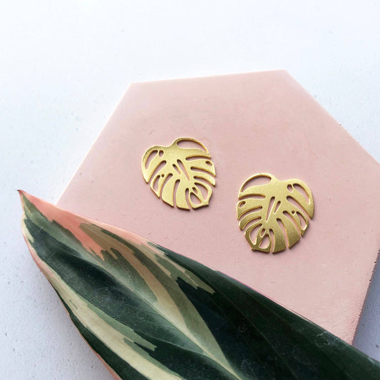 Gold Monstera Leaf Houseplant Stud Earrings