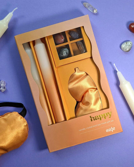 Saje Happy Candle, Crystal & Eye Mask Set - Includes Two Candles And Four Crystal Stones