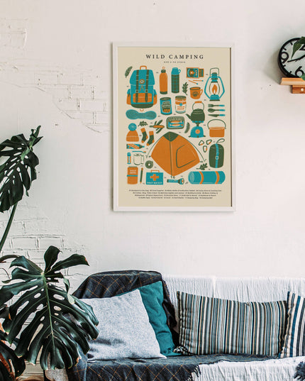 Wild Camping Kit Essentials | Retro Adventure Art Print (A4)