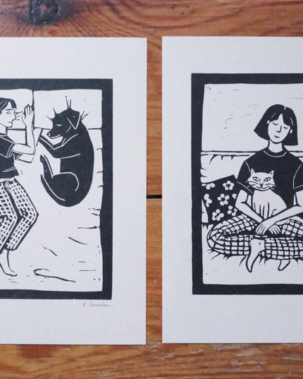 Mogs Before Men - Risograph A5 print - cat and girl