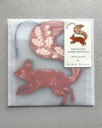 Screenprinted Wooden Decoration - Squirrel - Rusty Red