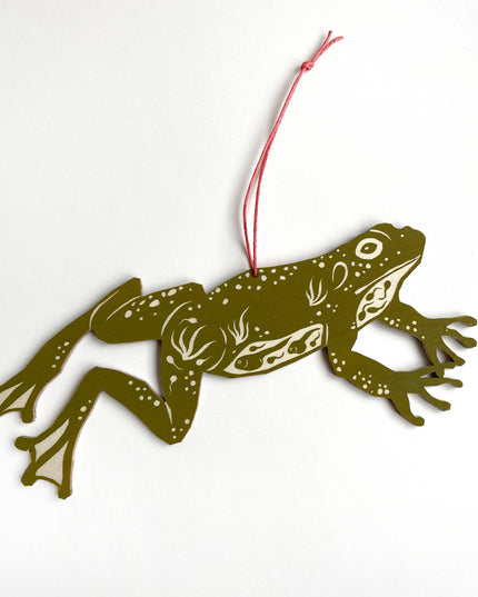 Screenprinted Wooden Decoration - Jumping Frog - Olive Green