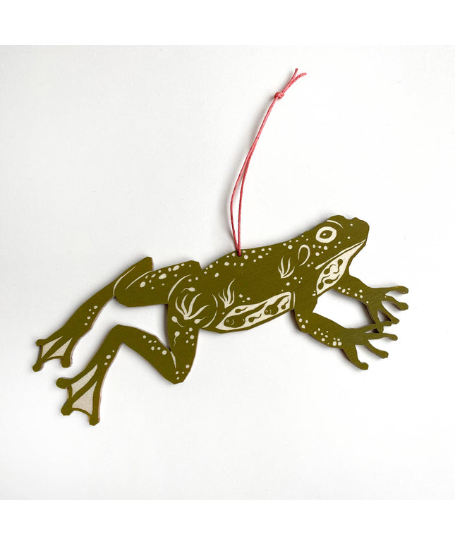 Screenprinted Wooden Decoration - Jumping Frog - Olive Green