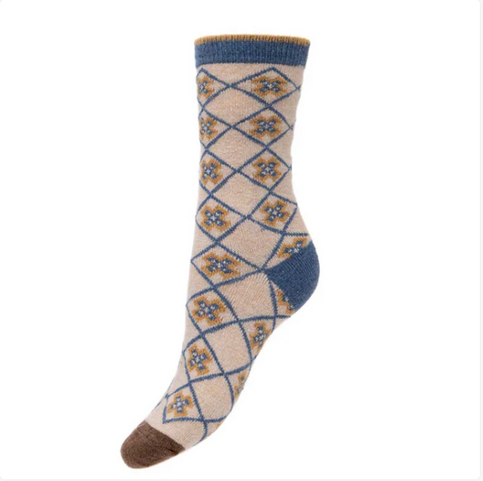 Wool Blend Socks / Blue Criss Cross (4-7UK size)