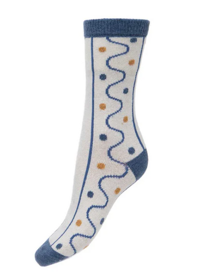 Wool Blend Socks / Cream&Blue Wiggles (4-7UK size)