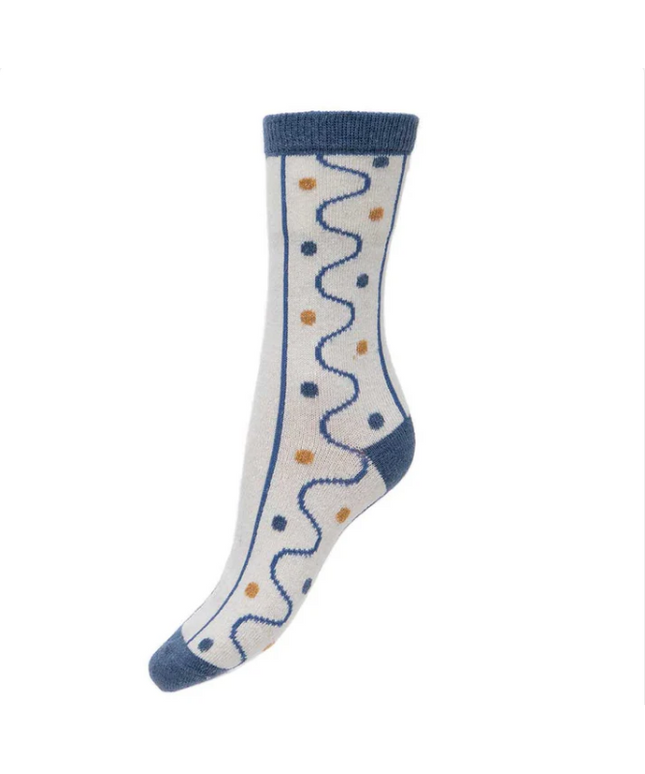 Wool Blend Socks / Cream&Blue Wiggles (4-7UK size)
