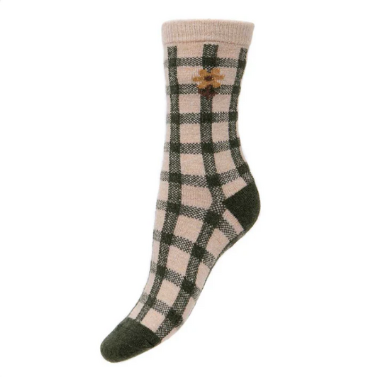Wool Blend Socks / Green&Cream Check (4-7UK size)