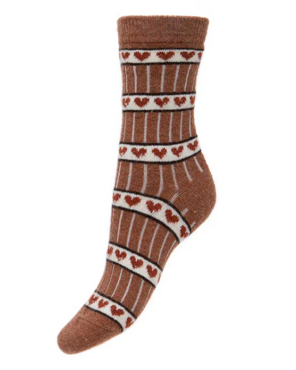 Wool Blend Socks / Brown & Hearts (4-7UK size)