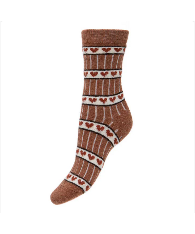 Wool Blend Socks / Brown & Hearts (4-7UK size)