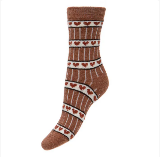 Wool Blend Socks / Brown & Hearts (4-7UK size)