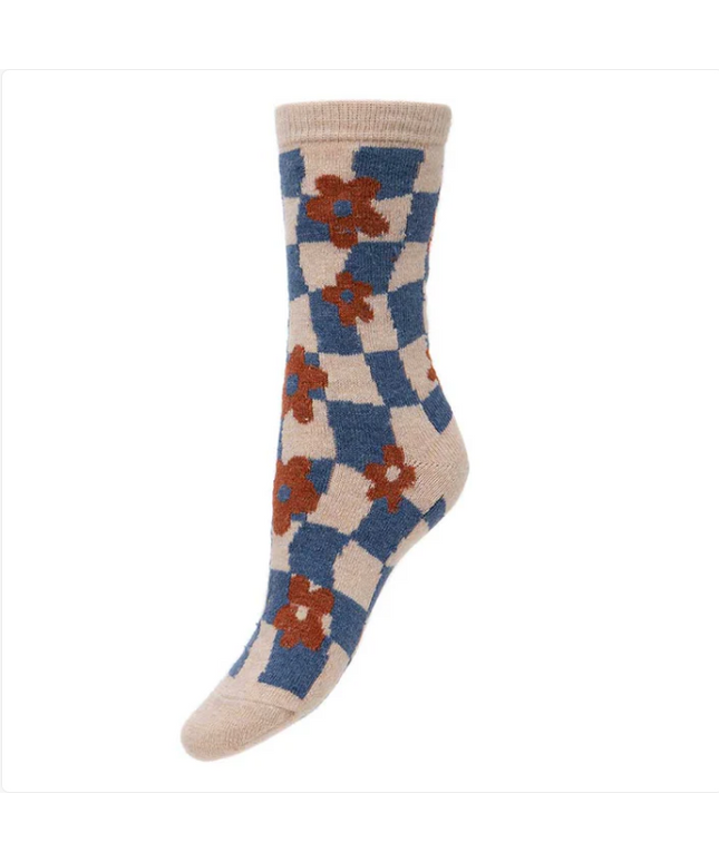 Wool Blend Socks / Blue Check & Flower (4-7UK size)
