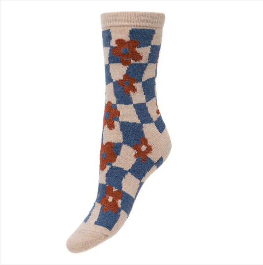 Wool Blend Socks / Blue Check & Flower (4-7UK size)
