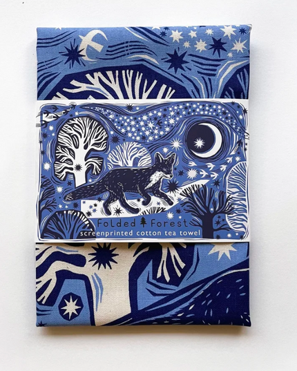 Midnight Fox Tea Towel - Blue