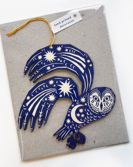 Screenprinted Wooden Decoration - Midnight Blue Owl