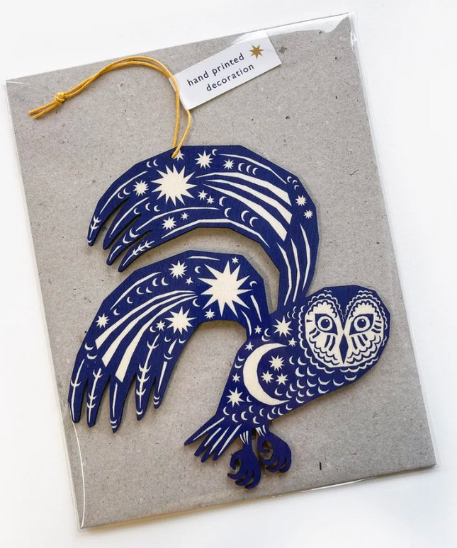 Screenprinted Wooden Decoration - Midnight Blue Owl