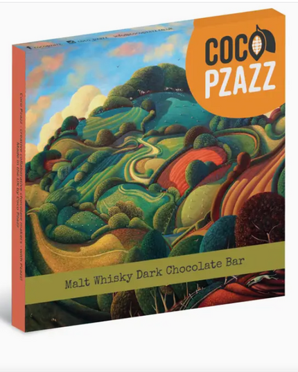 Coco Pzazz malt whisky dark chocolate bar packaging with a colorful landscape design.