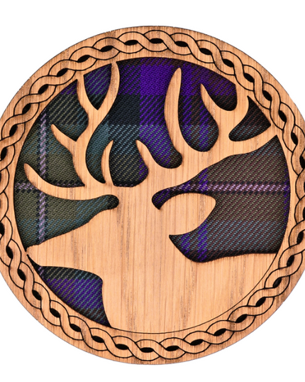 Stag Round Coaster - Wood & Tartan