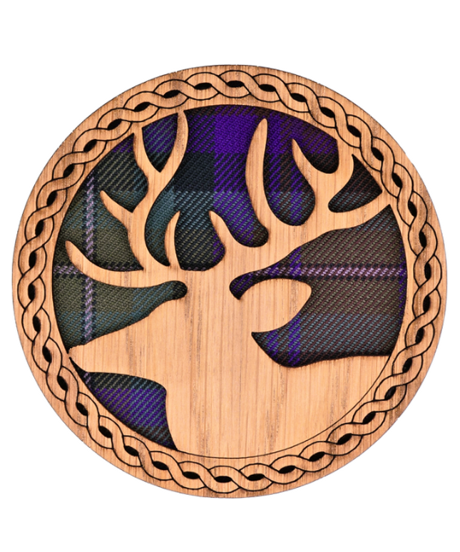 Stag Round Coaster - Wood & Tartan