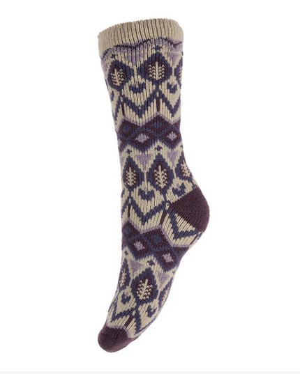 Wool Blend * Purple and Fawn Patterned Thermal Socks