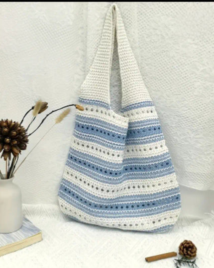Two Tone Striped Crochet Bag - Blue