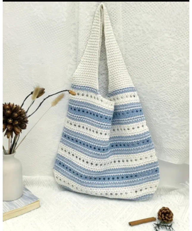 Two Tone Striped Crochet Bag - Blue