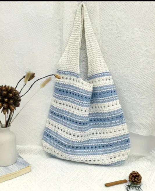 Two Tone Striped Crochet Bag - Blue