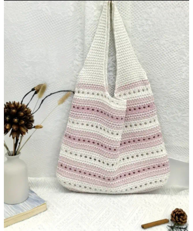 Two Tone Striped Crochet Bag - Pink