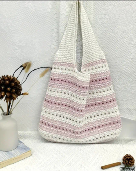 Two Tone Striped Crochet Bag - Pink