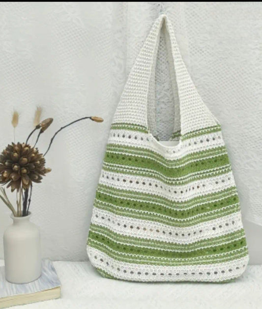 Two Tone Striped Crochet Bag - Green
