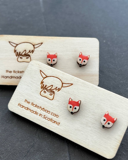 Cute Wooden Fox STUD Earrings - Made in Scotland