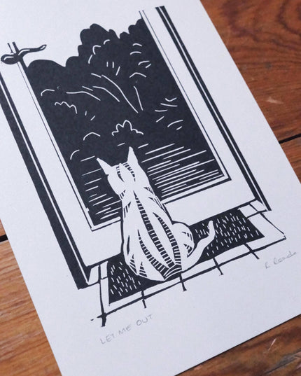 Let Me Out - Risograph A5 print - Cat Door art