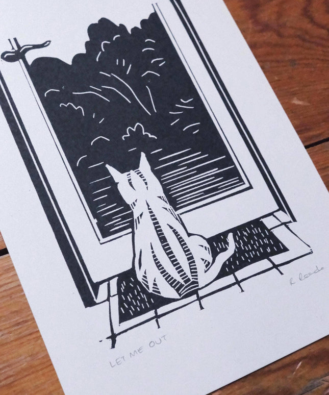 Let Me Out - Risograph A5 print - Cat Door art