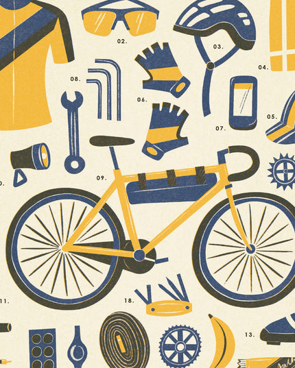 Cycling Bike Kit Essentials | Retro Adventure Art Print (A4)