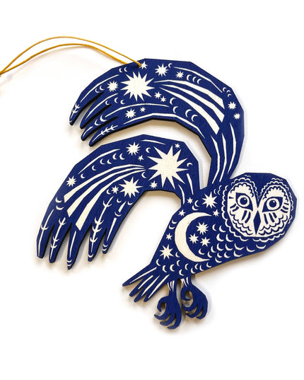 Screenprinted Wooden Decoration - Owl - Midnight Blue