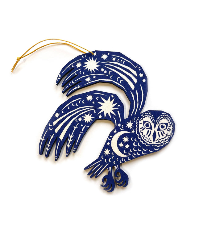 Screenprinted Wooden Decoration - Owl - Midnight Blue
