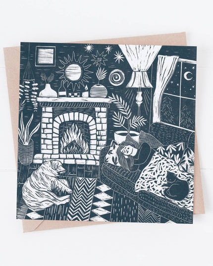 Nap Time Card. *cosy, fire, cottage, dog, cat, boho*