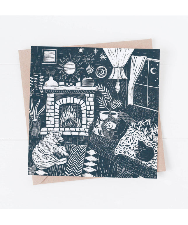 Nap Time Card. *cosy, fire, cottage, dog, cat, boho*