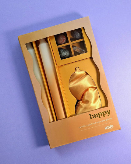 Saje Happy Candle, Crystal & Eye Mask Set - Includes Two Candles And Four Crystal Stones