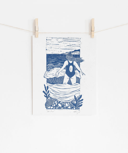 Sea Air Riso Print *swimmer, sea swim, windy, nature, woman*